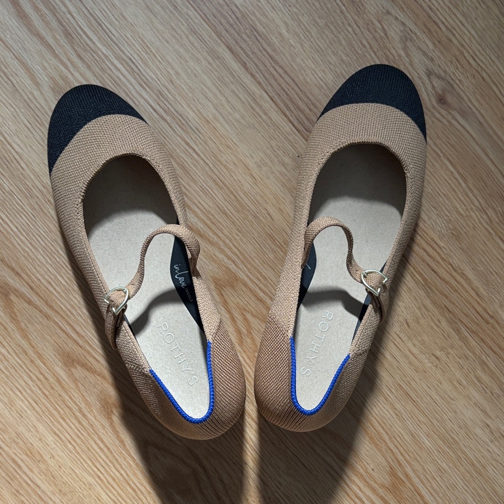 Rothy's Tan Knit Mary Jane Heels with Black Cap Toe